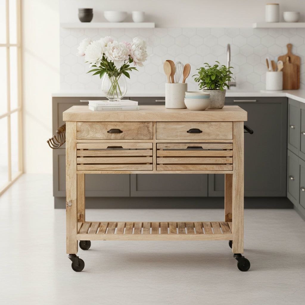 Light Brown Base w/Black Iron, Rolling Kitchen Island - 46W x 32D x 36H