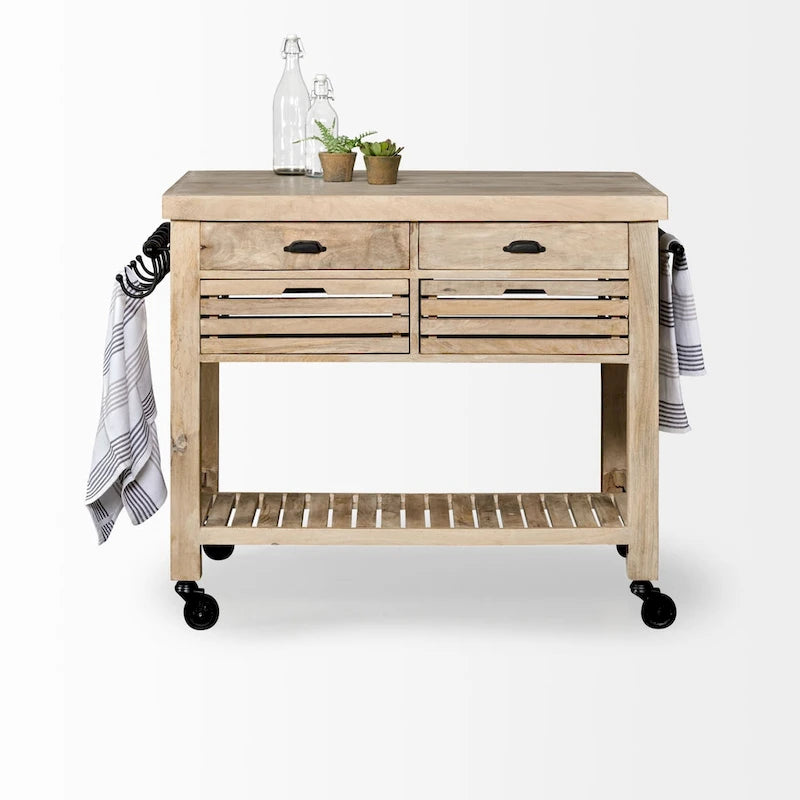 Light Brown Base w/Black Iron, Rolling Kitchen Island - 46W x 32D x 36H