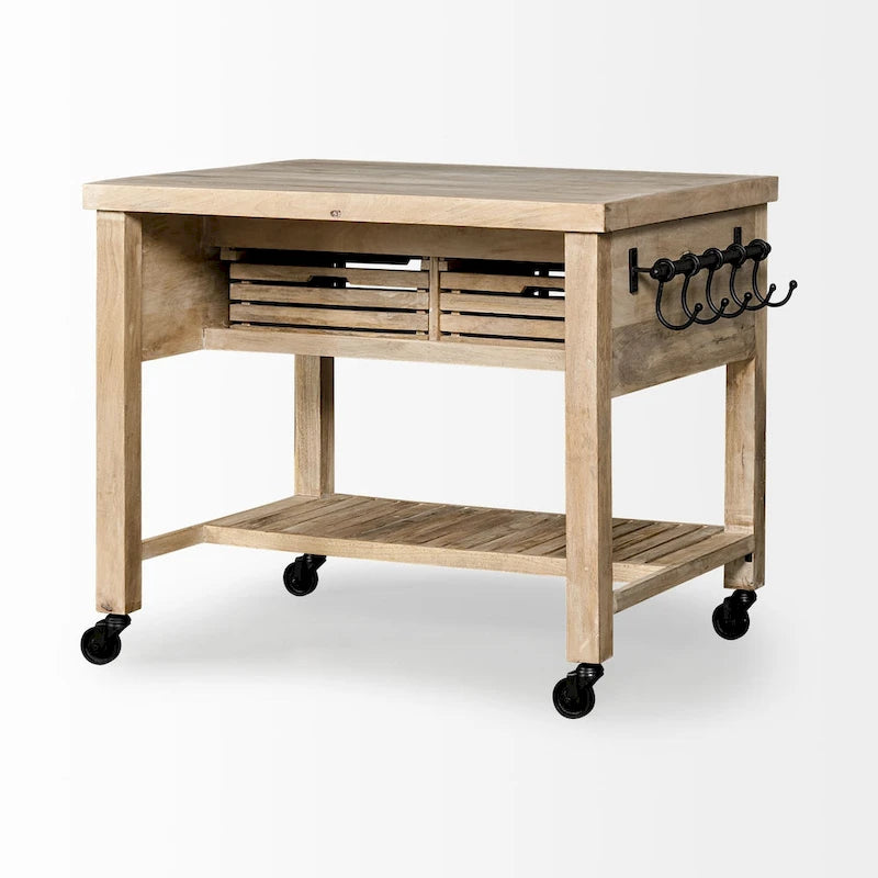 Light Brown Base w/Black Iron, Rolling Kitchen Island - 46W x 32D x 36H