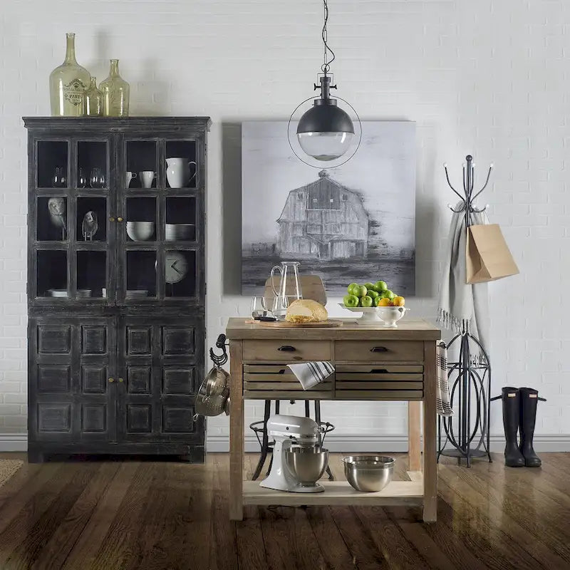 Light Brown Base w/Black Iron, Rolling Kitchen Island - 46W x 32D x 36H