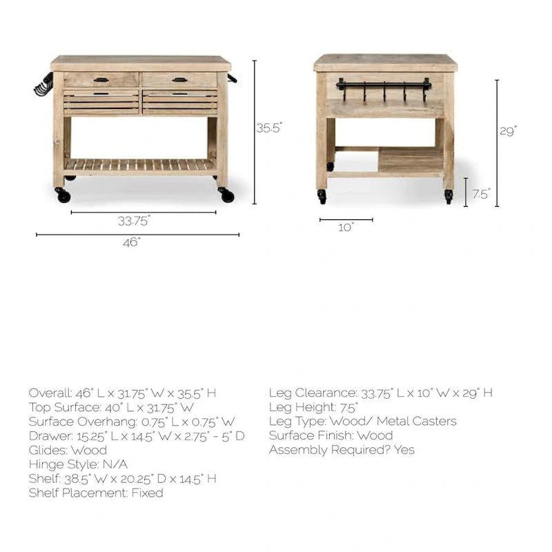 Light Brown Base w/Black Iron, Rolling Kitchen Island - 46W x 32D x 36H