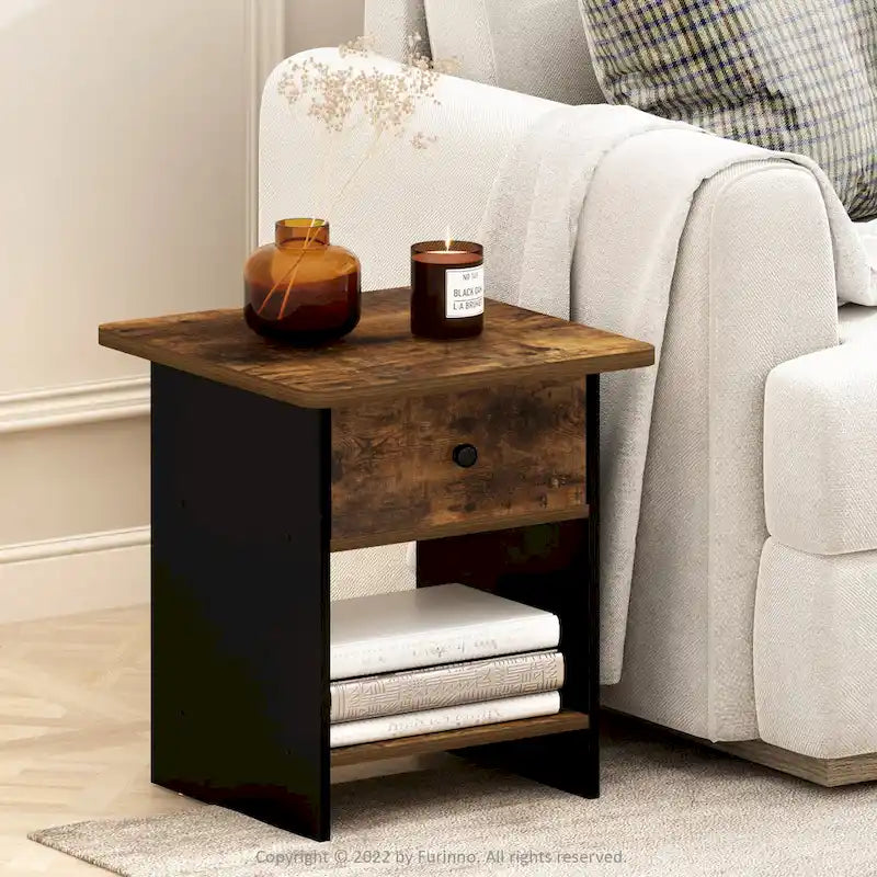 End Table/ Night Stand Storage Shelf with Bin Drawer