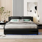 Full Size Upholstered Faux Leather Platform Bed with LED Light Bed Frame with Slatted