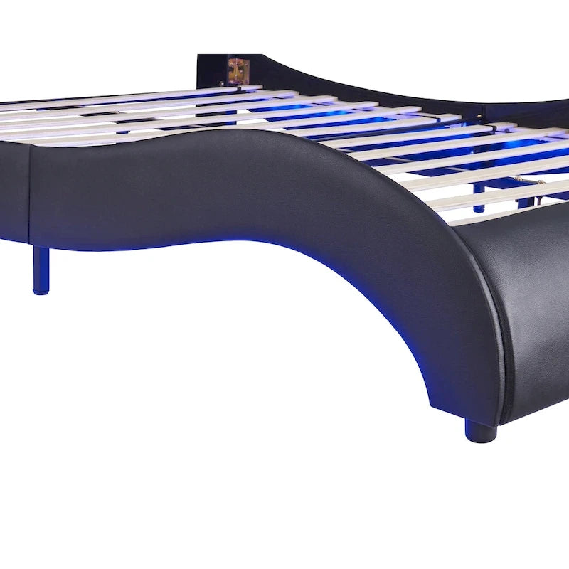 Full Size Upholstered Faux Leather Platform Bed with LED Light Bed Frame with Slatted