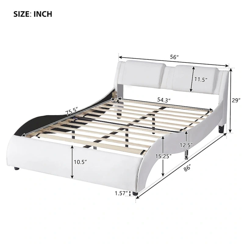 Full Size Upholstered Faux Leather Platform Bed with LED Light Bed Frame with Slatted