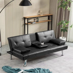 PU Upholstered Modern Convertible Folding Futon Sofa Bed Removable Armrests, Metal Legs, with 2 Cupholders