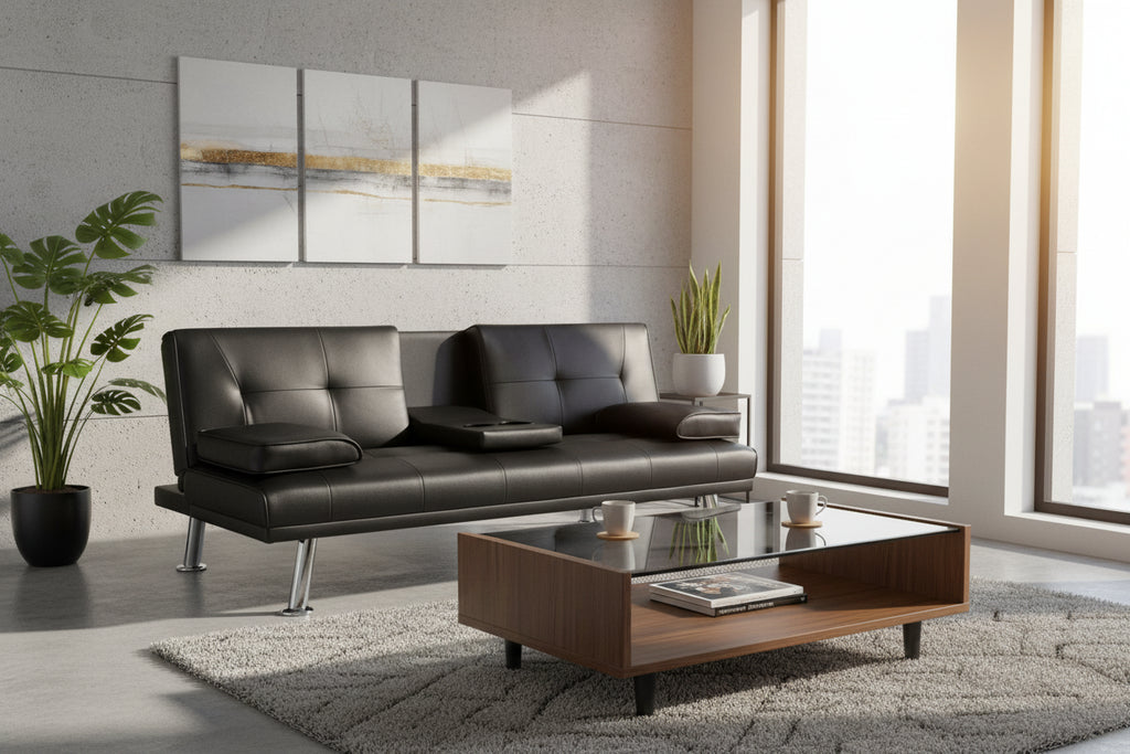 PU Upholstered Modern Convertible Folding Futon Sofa Bed Removable Armrests, Metal Legs, with 2 Cupholders