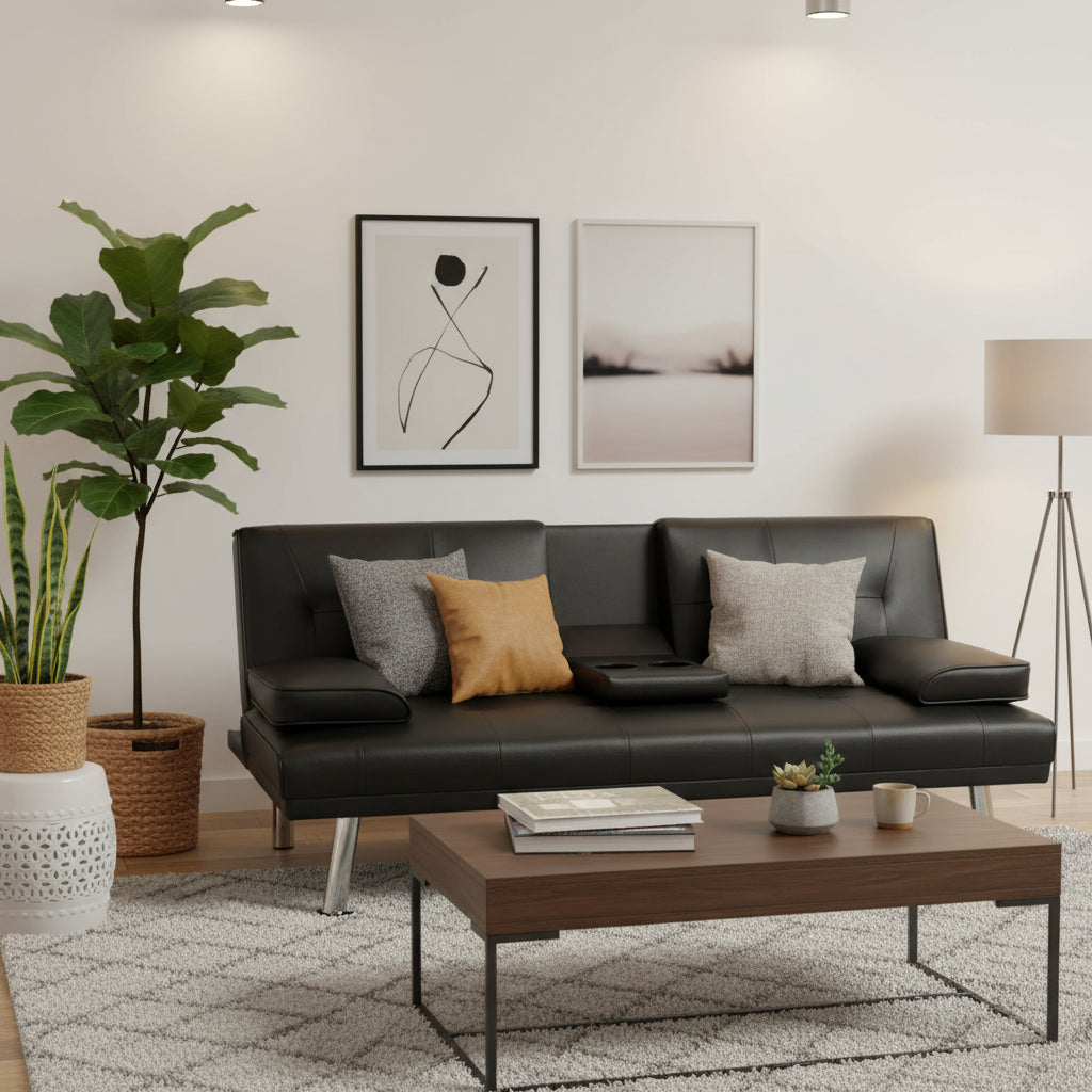 PU Upholstered Modern Convertible Folding Futon Sofa Bed Removable Armrests, Metal Legs, with 2 Cupholders