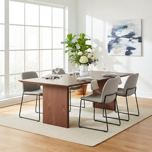 Tommy 94 Inch Dining Table, Rectangular Top, Wide Panel Legs, Walnut Brown